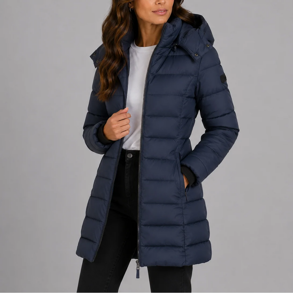 Women's long puffer jacket navy back view with quilted panels and adjustable hood