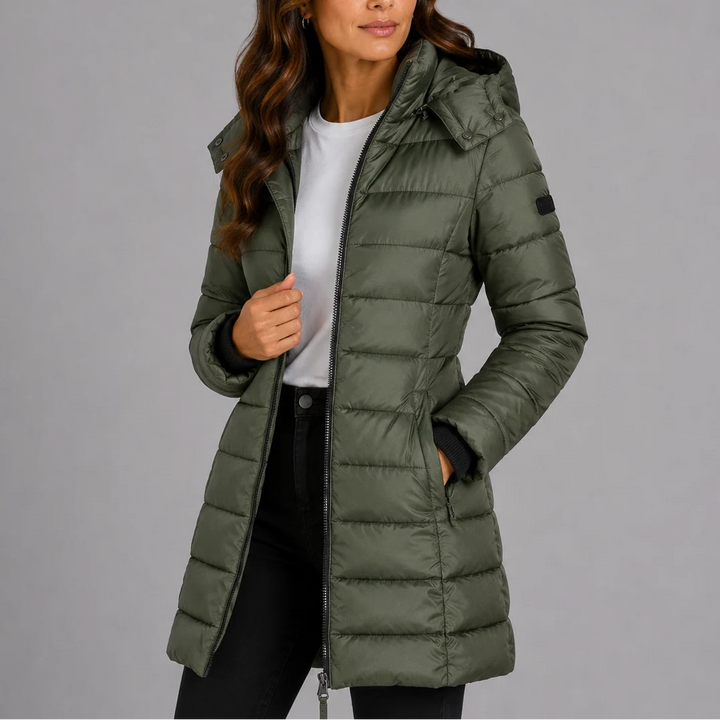 Women's long puffer jacket navy close-up of hood and full-length zip closure
