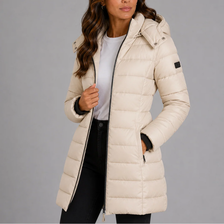 Women's hooded puffer jacket navy worn with jeans showing fitted winter coat silhouette