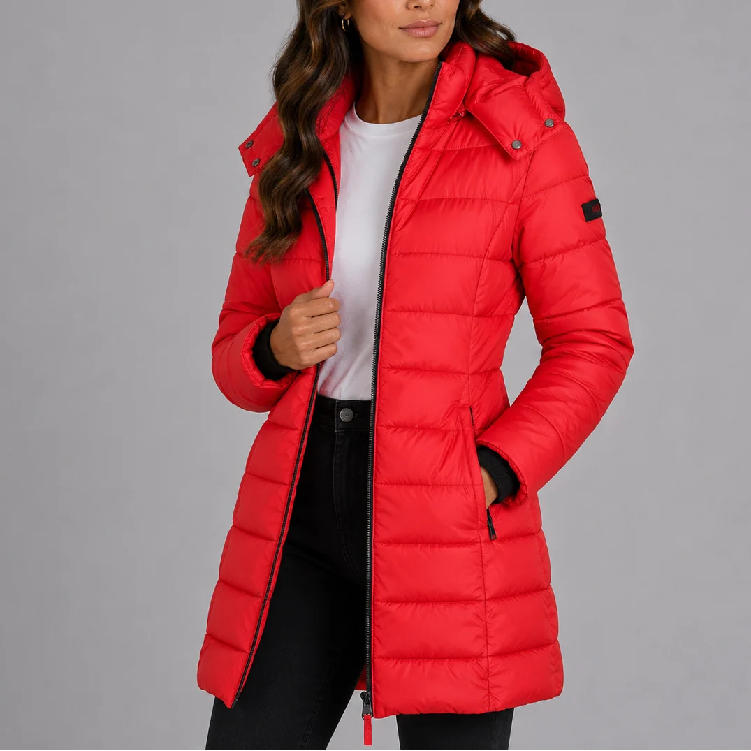 Women's long puffer jacket navy interior view showing smooth lining and insulated padding