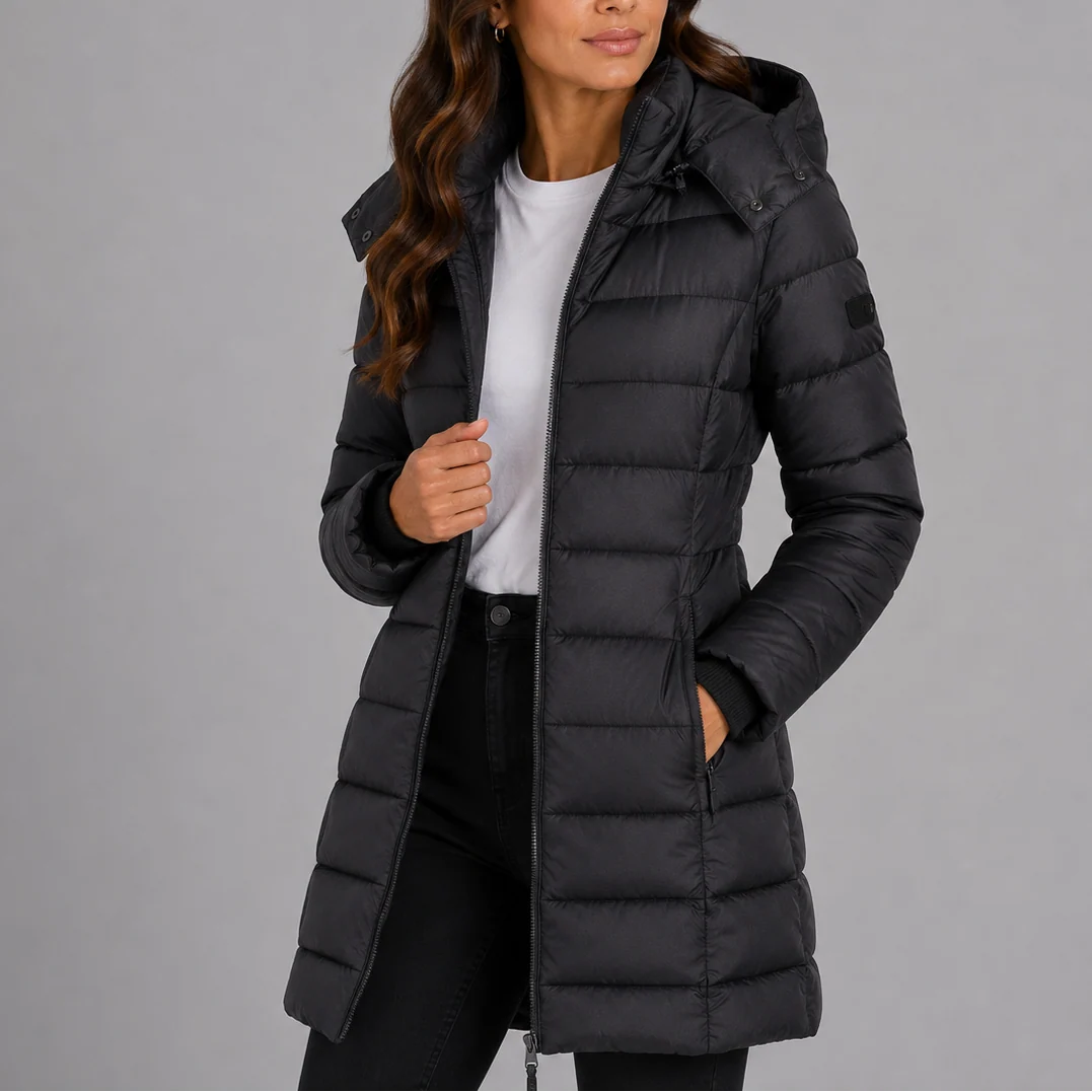 Women's puffer jacket navy full-length view showing mid-thigh coverage and quilted design