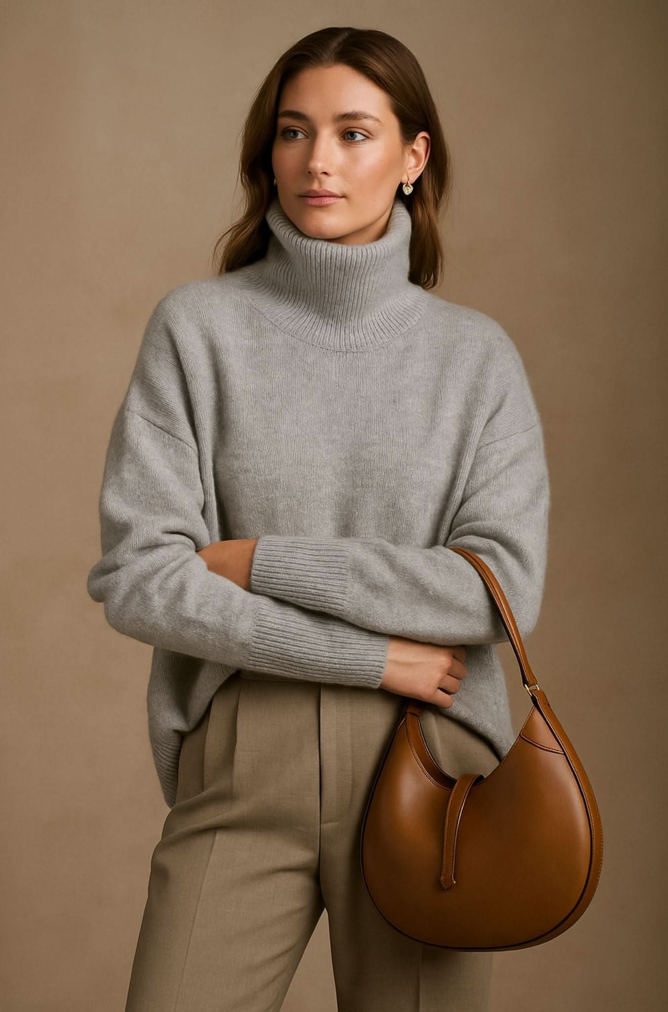Side angle of oversized black jumper displaying dropped shoulder seam and relaxed silhouette on model