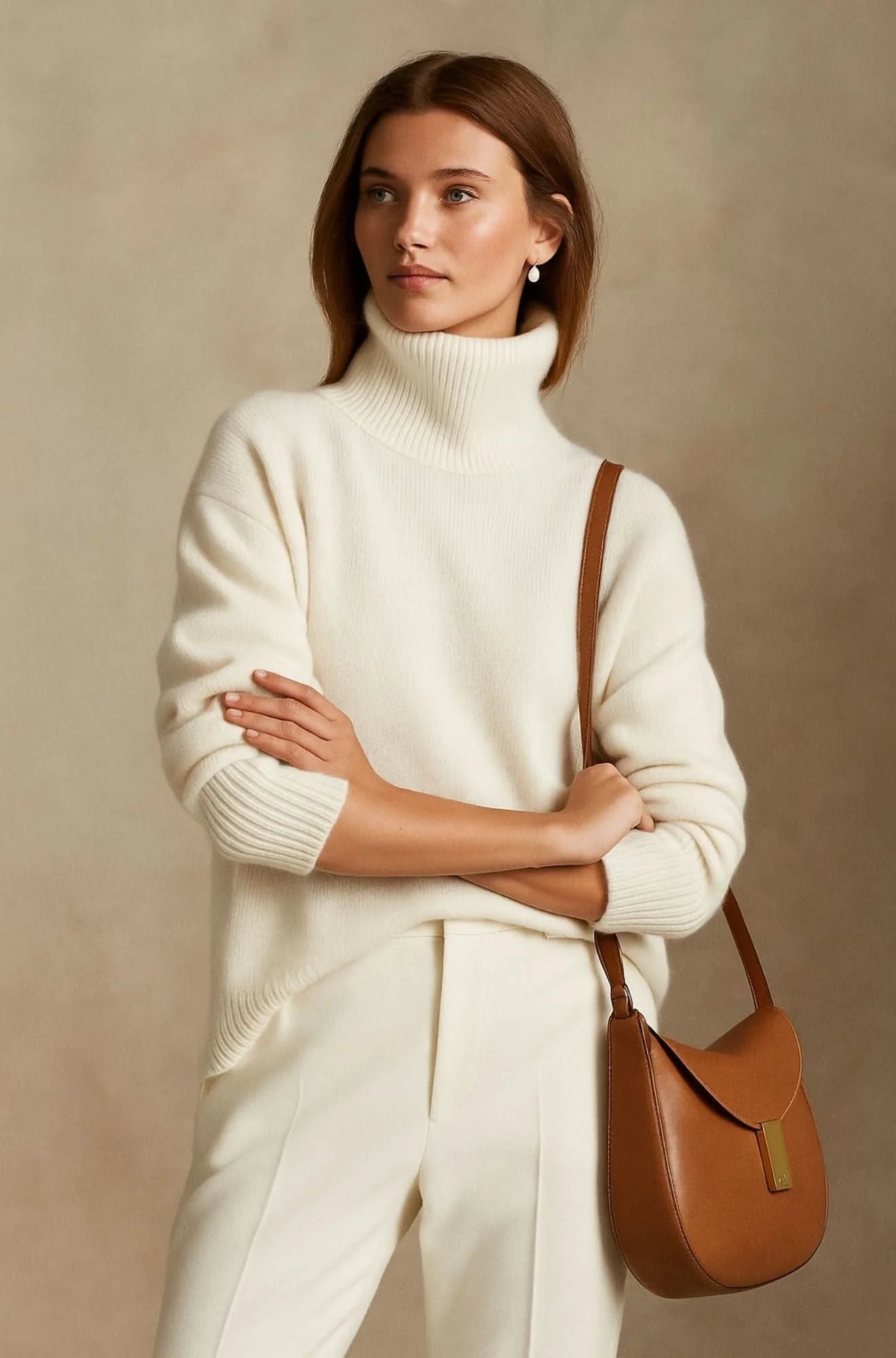 Back view of oversized turtleneck jumper showing ribbed hem and generous fit across shoulders