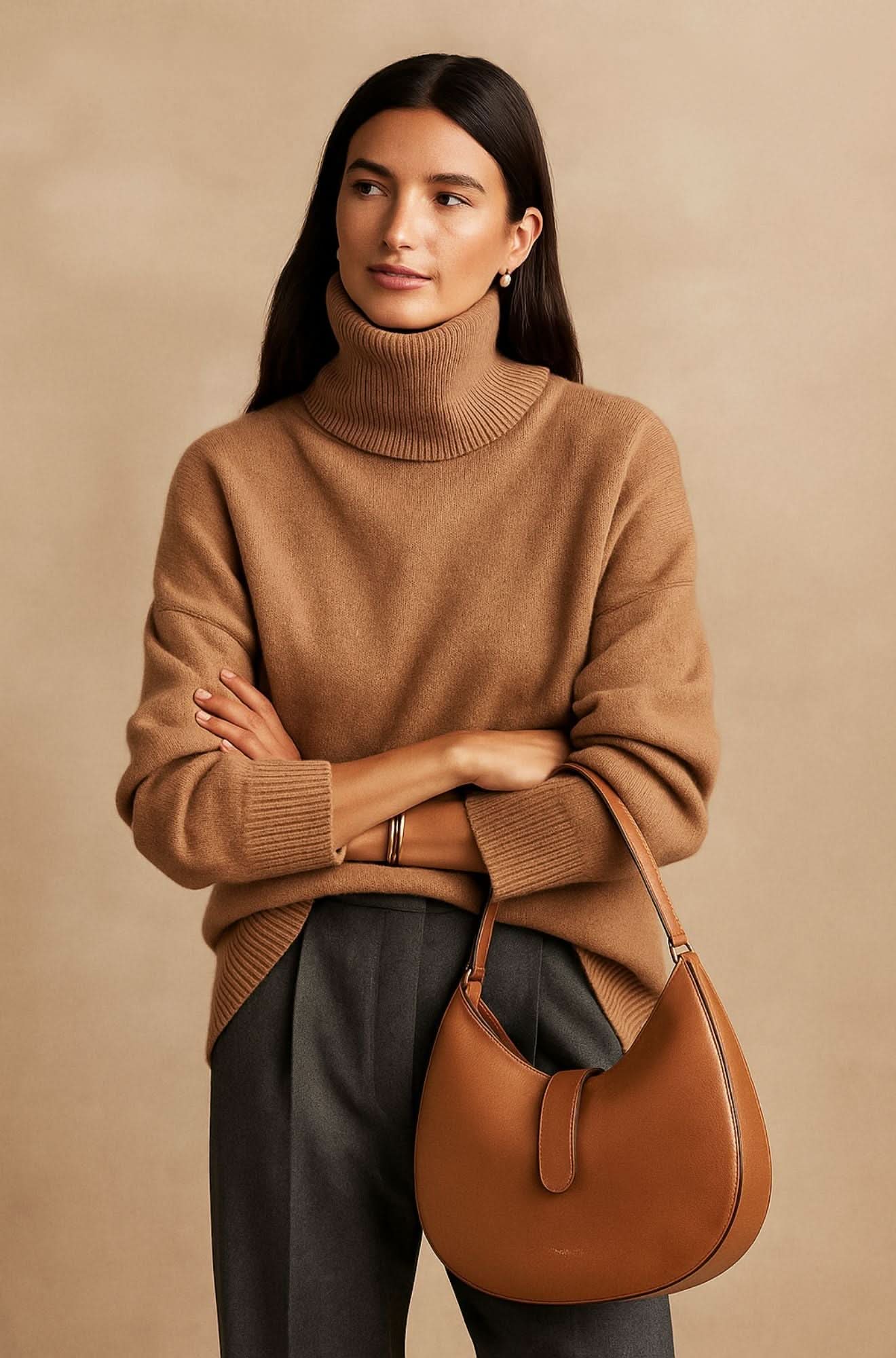 Detail shot of ribbed cuffs and sleeve construction on oversized turtleneck jumper in black
