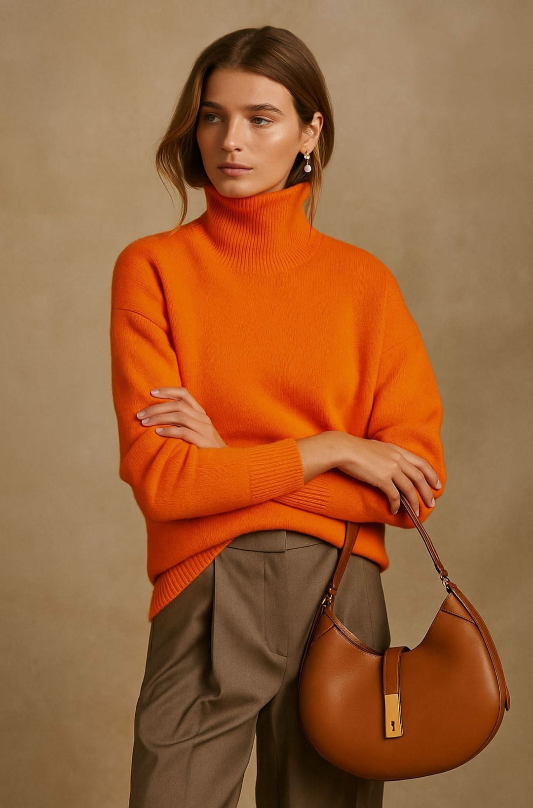 Full-length view of oversized jumper paired with tailored grey skirt for layered autumn styling