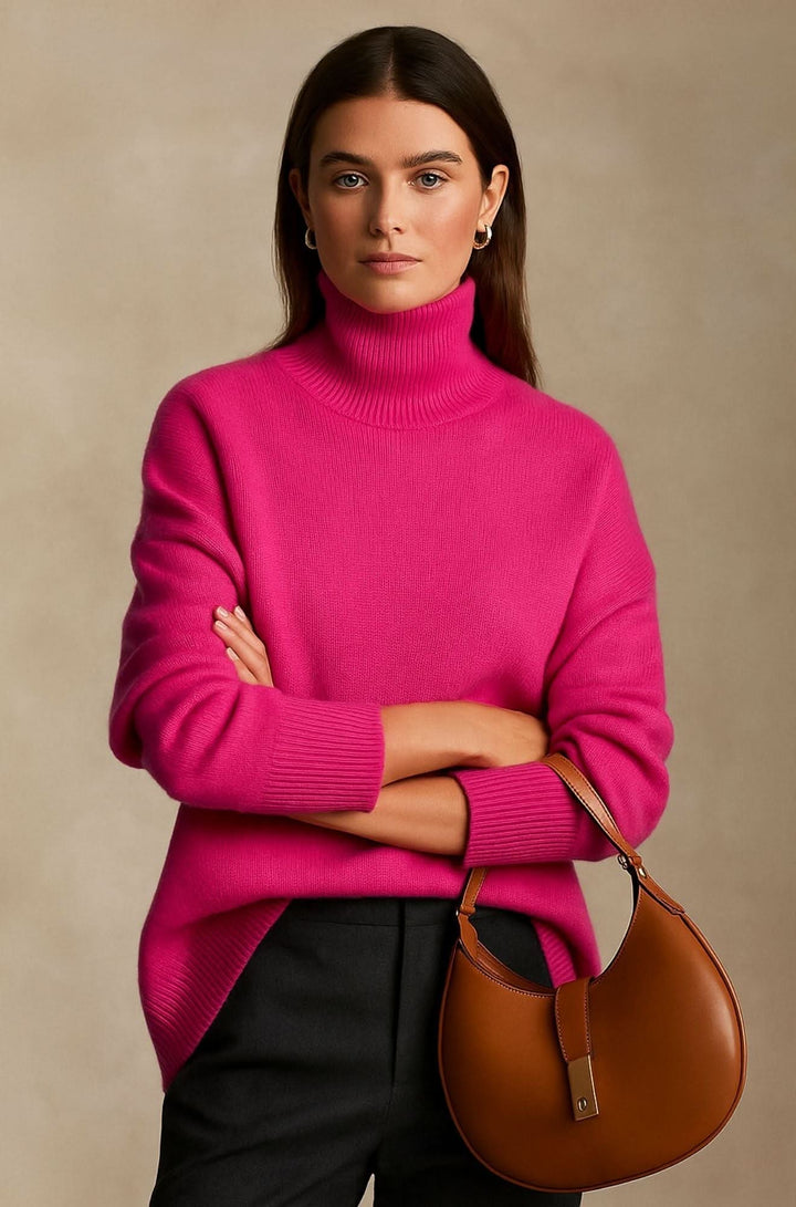 Flat lay of oversized turtleneck jumper showing proportions and ribbed detailing at collar and cuffs