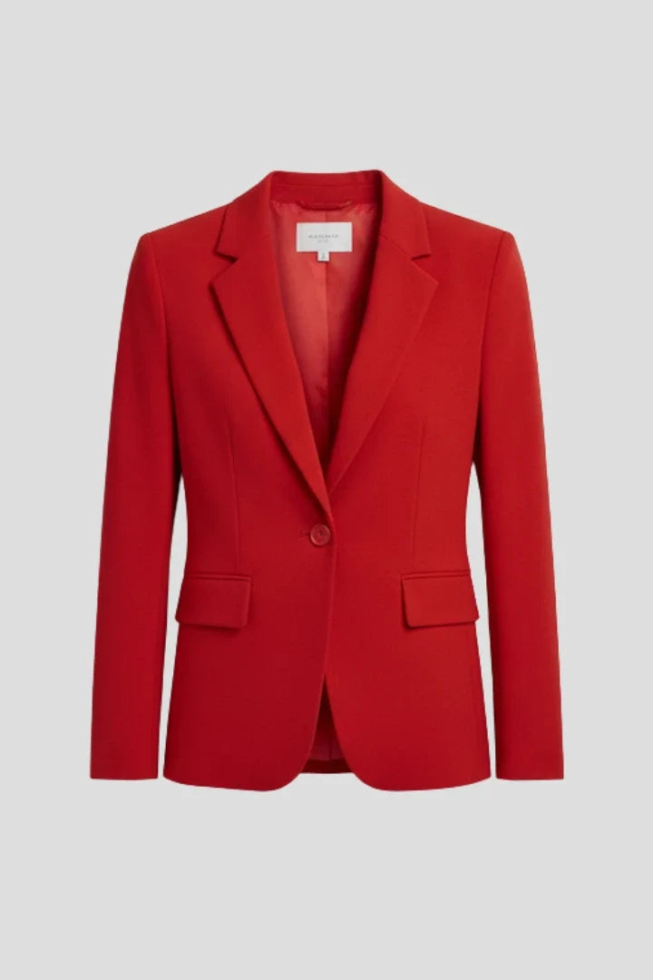 Women's tailored blazer in red with notched lapel and single-button front closure on grey background