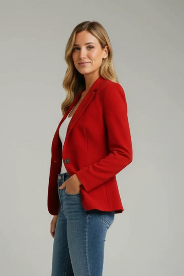 Women's tailored blazer in red featuring notched lapel and single-button closure detail