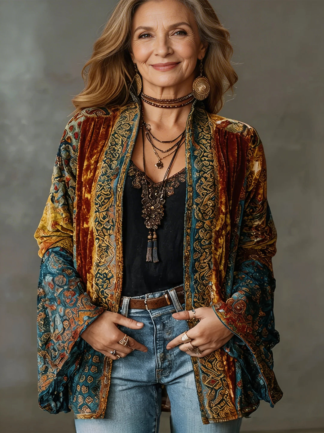 Woman wearing a velvet bohemian cardigan with tapestry-inspired patterns in rust, teal, and gold tones over a black top and jeans
