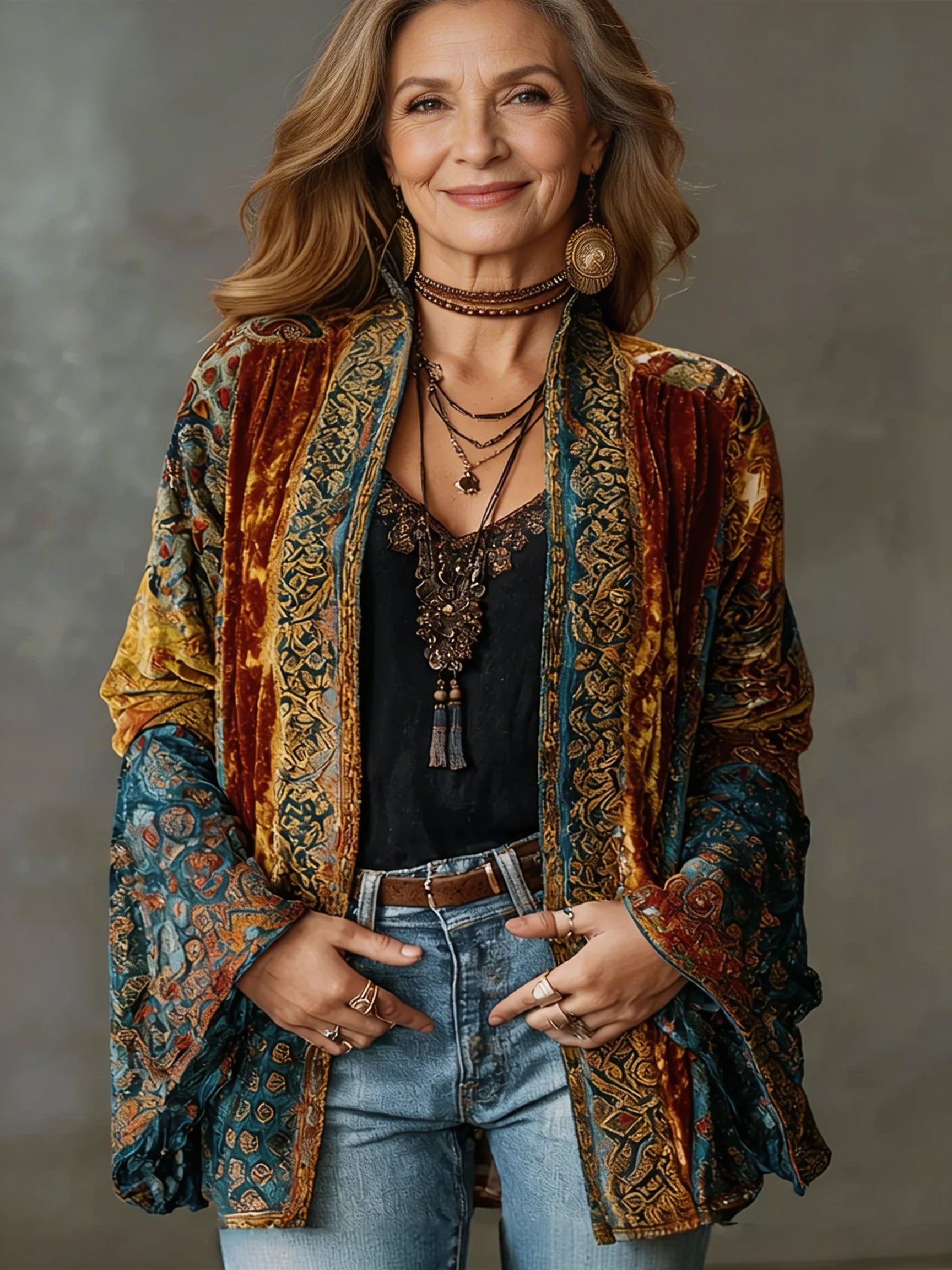 Woman wearing a velvet bohemian cardigan with tapestry-inspired patterns in rust, teal, and gold tones over a black top and jeans