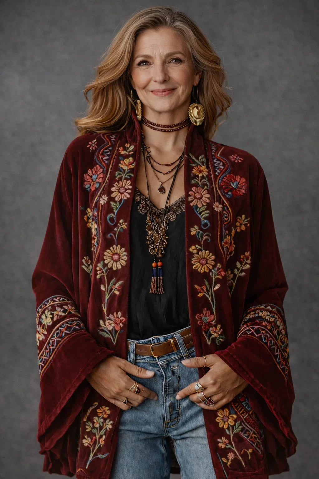 Back view of the flowing relaxed silhouette and wide sleeves on the velvet bohemian cardigan