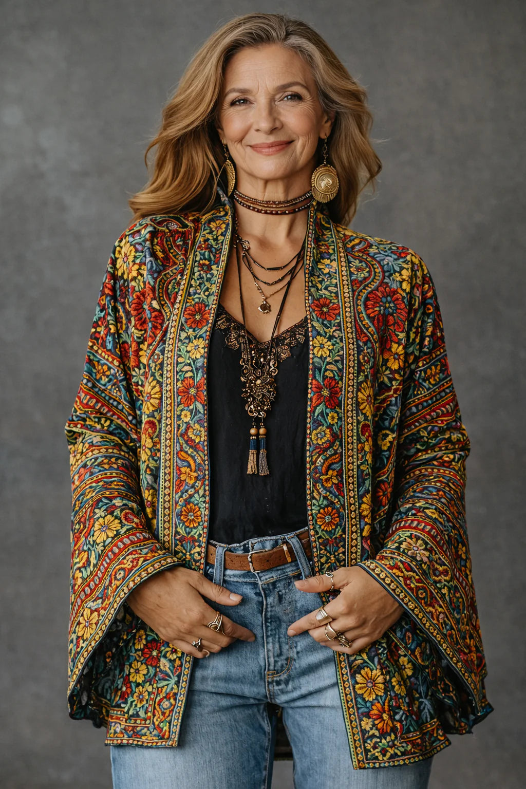 Full-length view of the open-front cardigan layered over a black top with jeans and statement jewellery