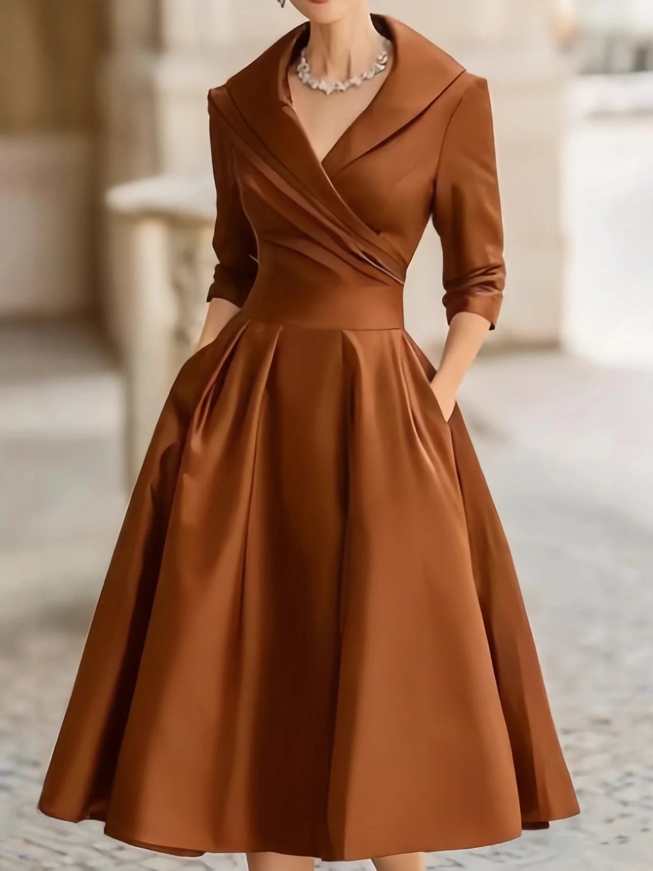 Structured A-line midi dress with wrap bodice and lapel collar for evening events