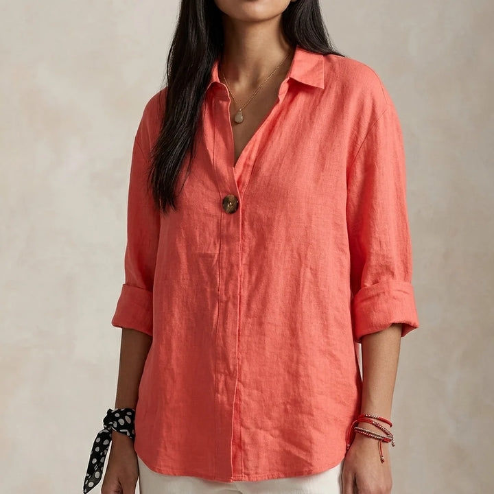 Relaxed linen blouse styled with jeans showing natural woven texture and casual fit