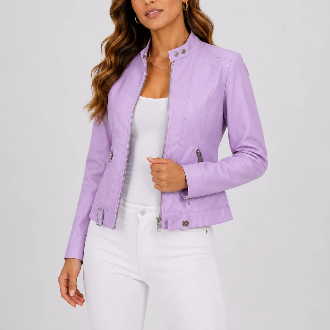 Close-up view of women's biker jacket showing vertical panelling and zip pocket detail