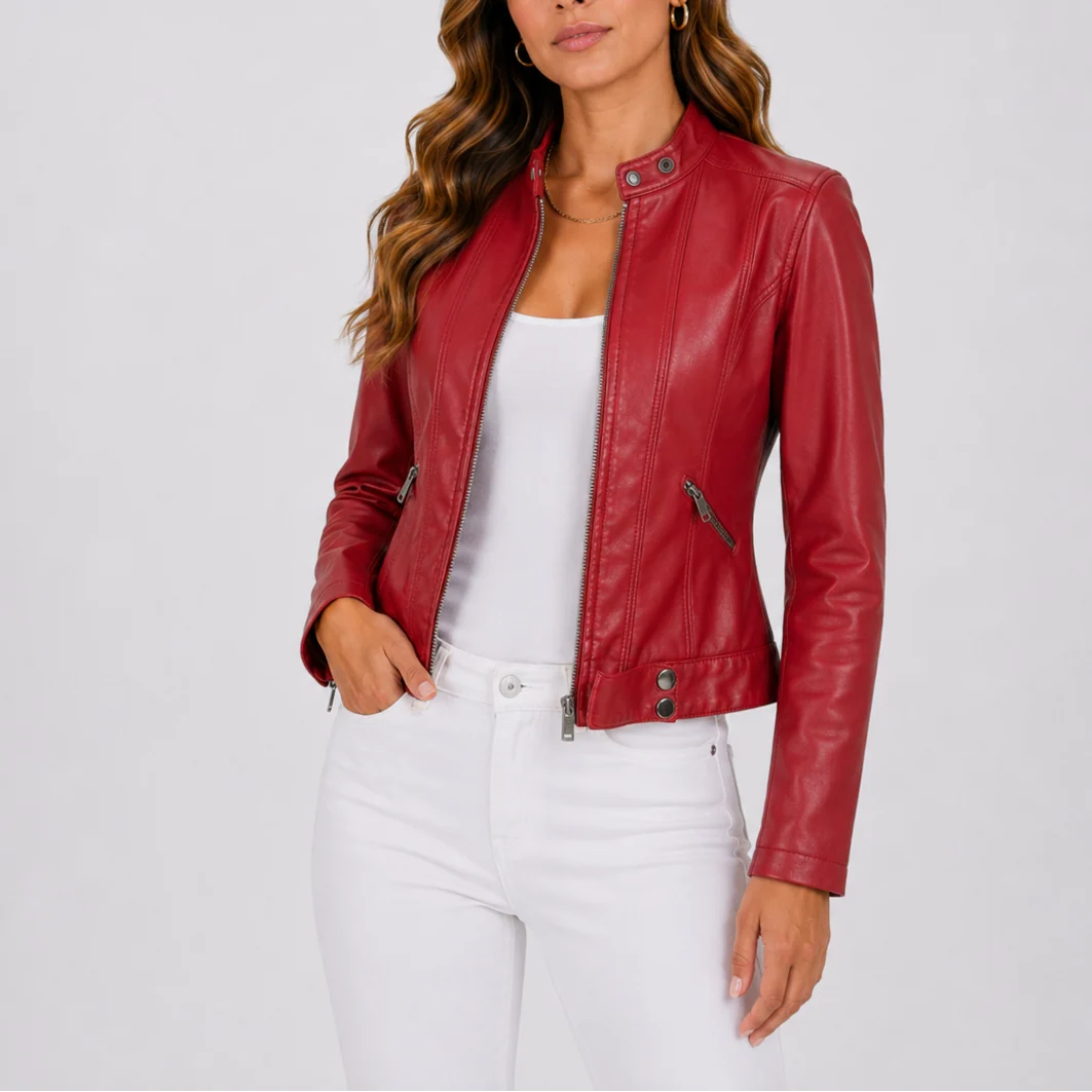 Side view of fitted women's biker jacket with snap-button cuffs and adjustable hem tabs
