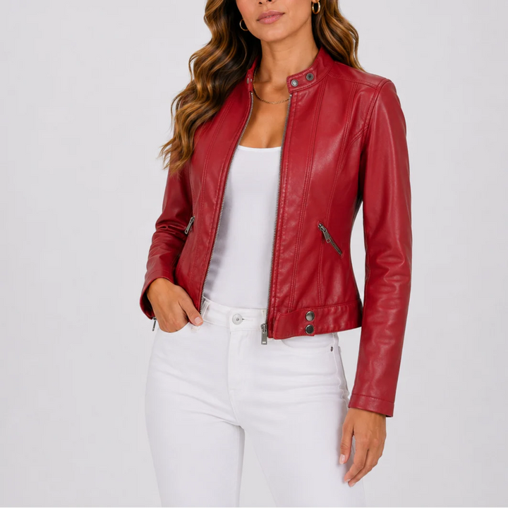 Side view of fitted women's biker jacket with snap-button cuffs and adjustable hem tabs