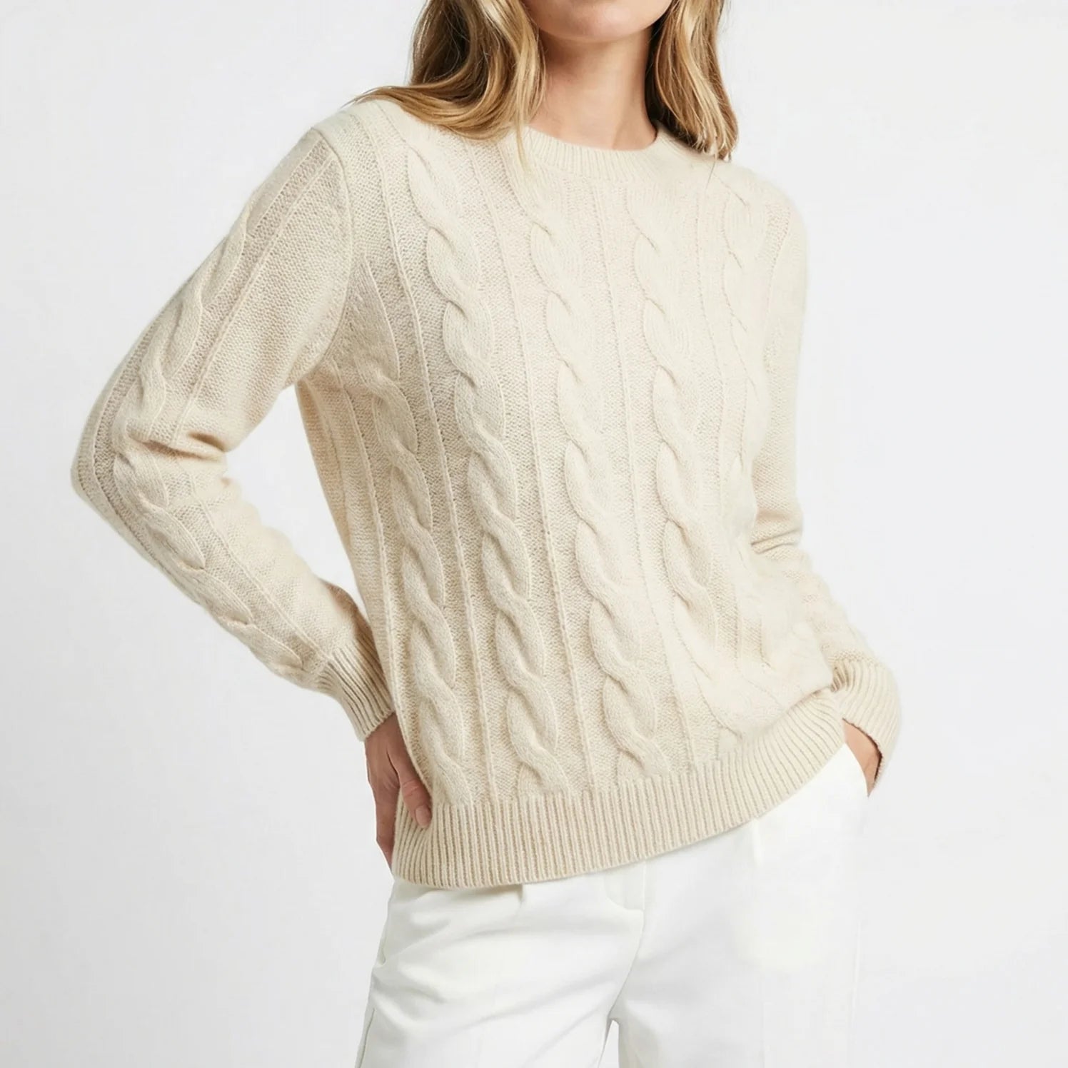 Women's cable knit jumper in cream with crew neckline and textured front detail