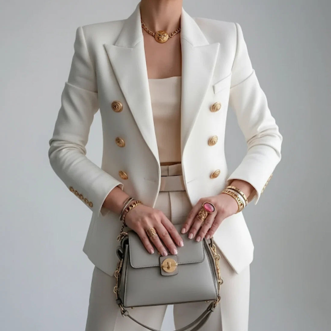 Women's double-breasted blazer in white with gold-tone buttons and notch lapel collar
