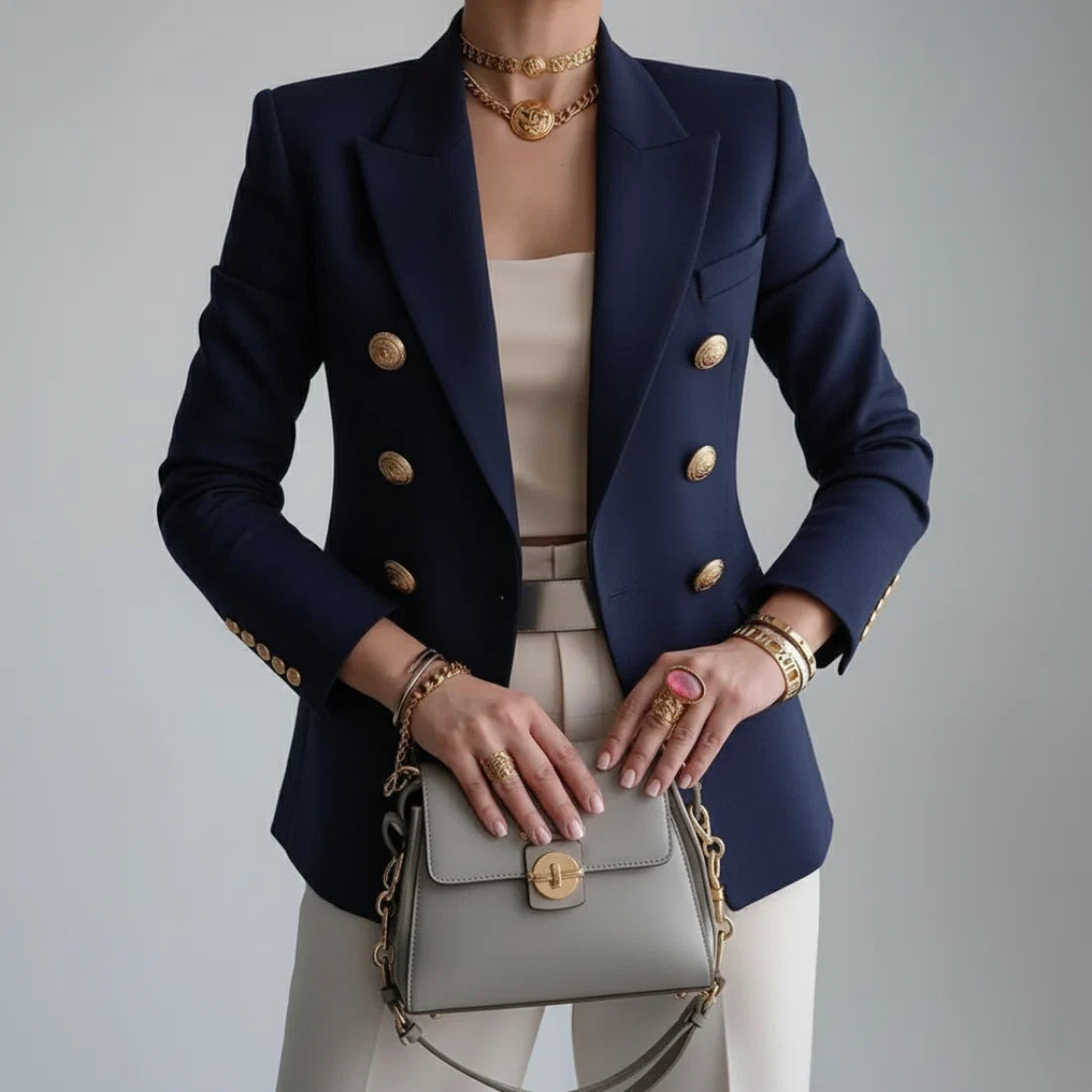 Close-up view of women's tailored blazer showing double-breasted button detailing and flap pockets