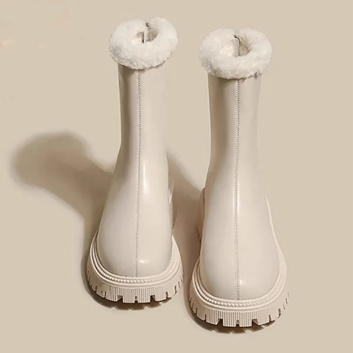 Women's fleece ankle boots in beige with plush faux-fur trim and chunky tread sole for winter warmth