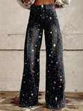 Women's high waist wide leg trousers with celestial star and moon print on dark denim-look fabric