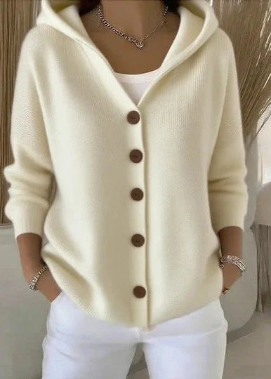 Women's hooded cardigan in full view showing button-front and hood feature