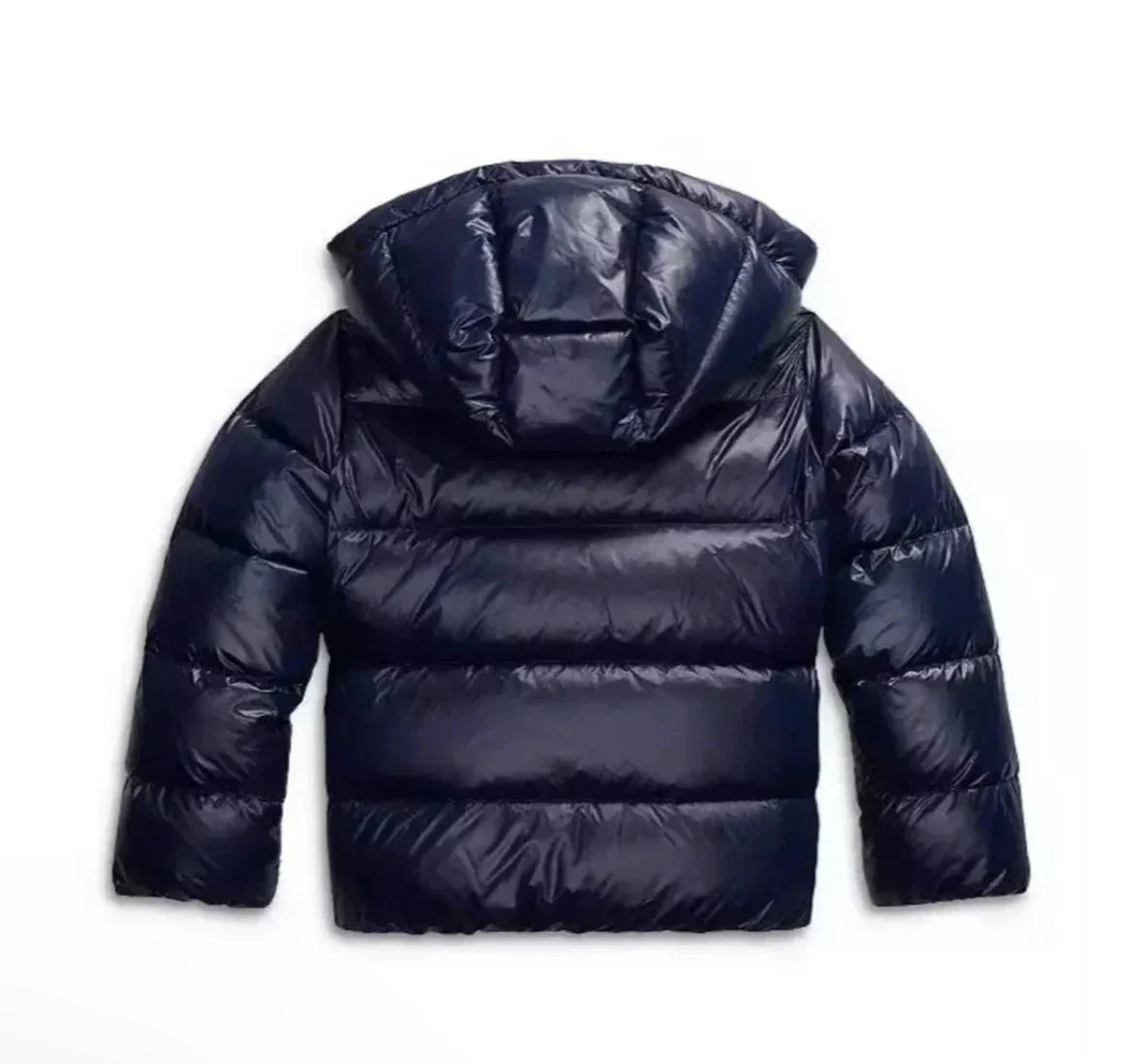 Detail shot of puffer jacket sleeve and quilted panelling with glossy finish