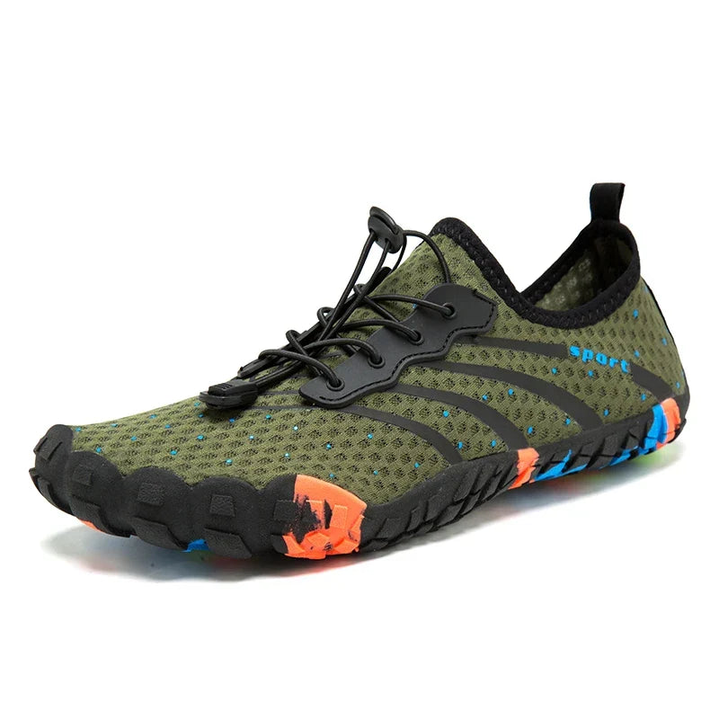 Men's barefoot water shoes in olive green mesh with black lace system and colourful sole