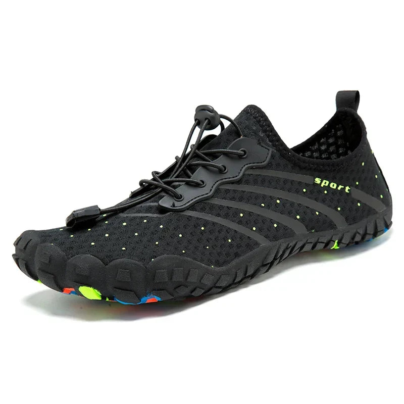 Close-up of men's aqua shoes with textured non-slip sole and toggle lace closure