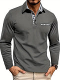 Men's long sleeve polo shirt in grey with contrast gingham check collar and chest pocket detail