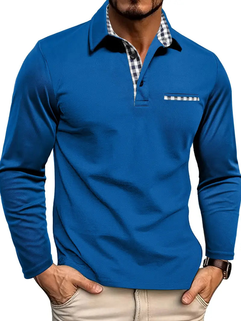 Detail shot of contrast gingham check pocket trim on men's long sleeve polo shirt