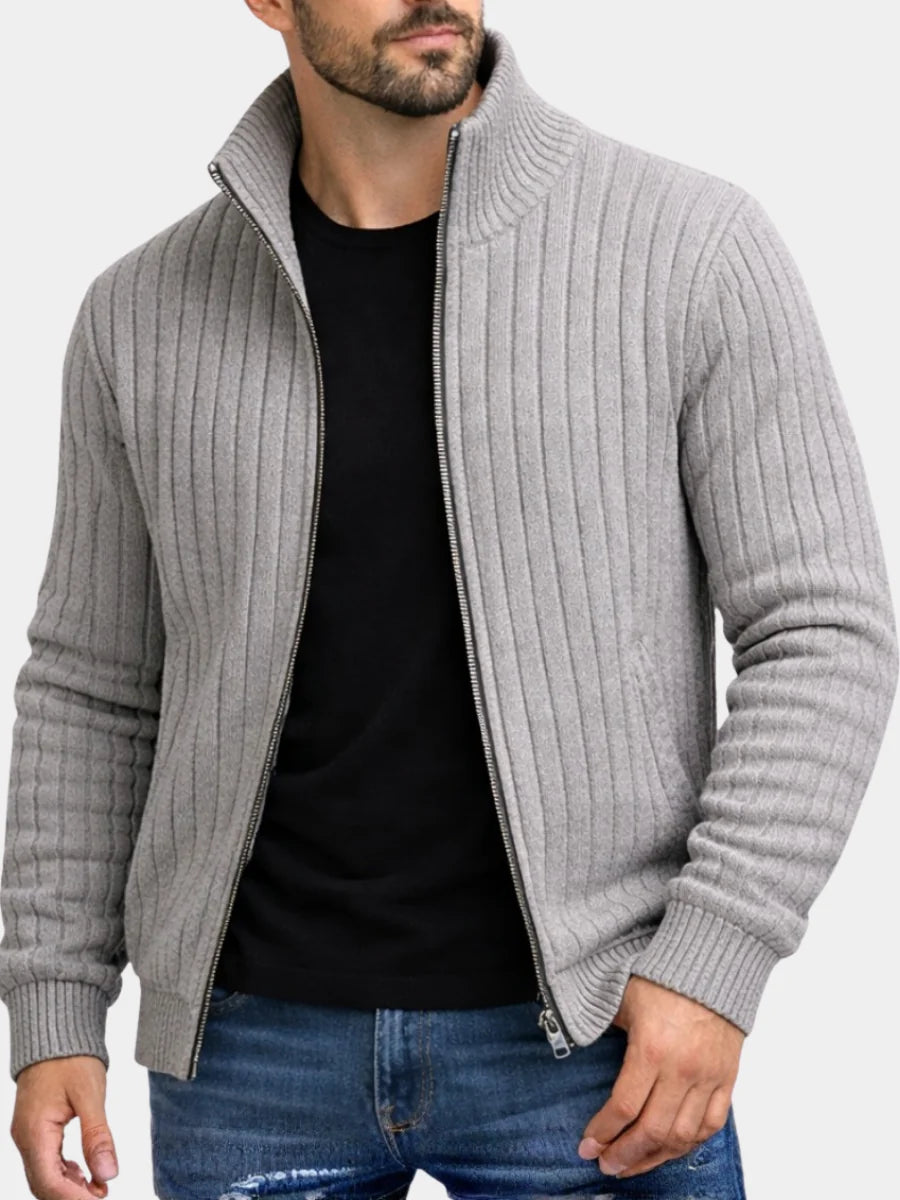 Men's ribbed knit zip-up cardigan in light grey with stand collar and full-length zip closure