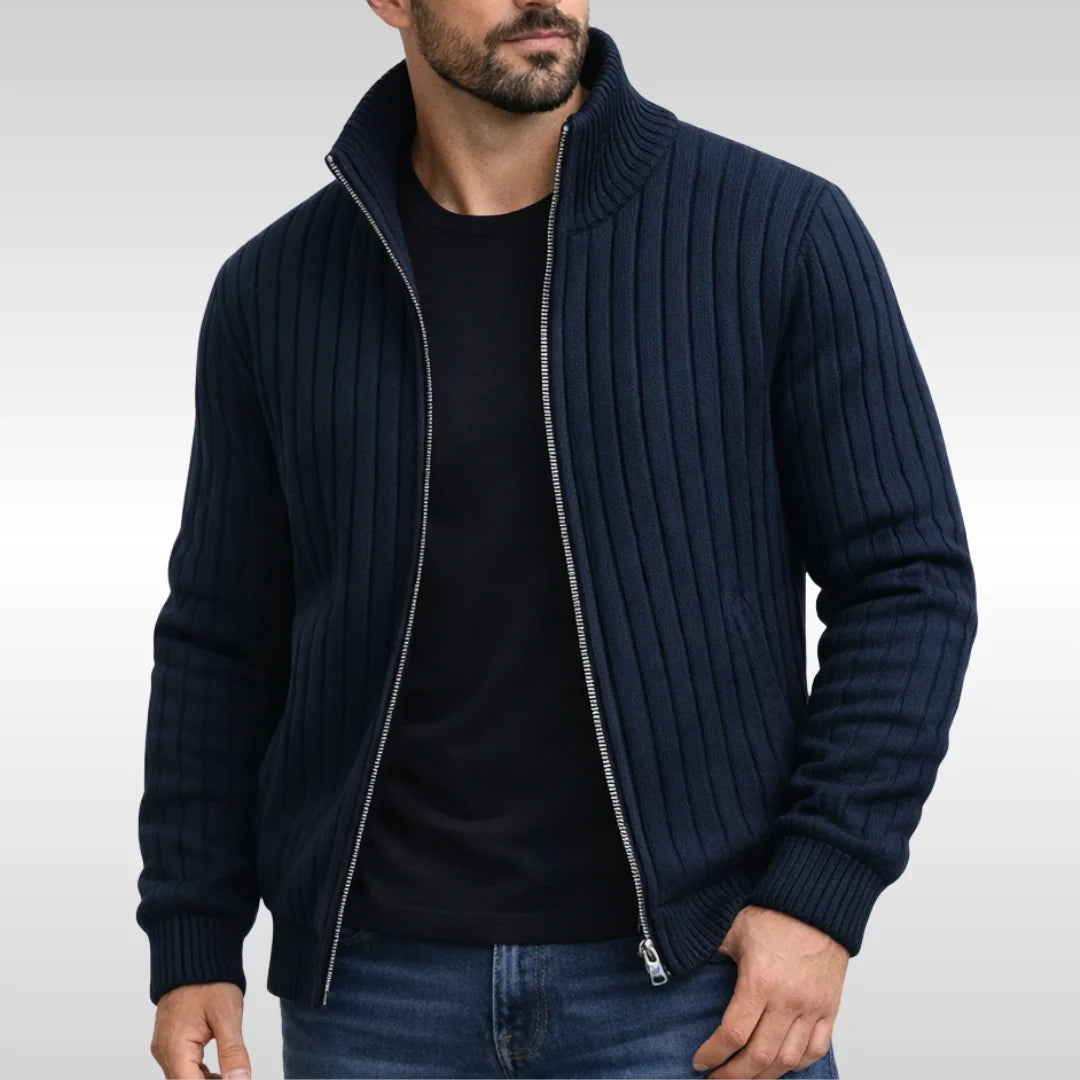 Side view of men's ribbed cardigan showing structured fit and ribbed cuffs