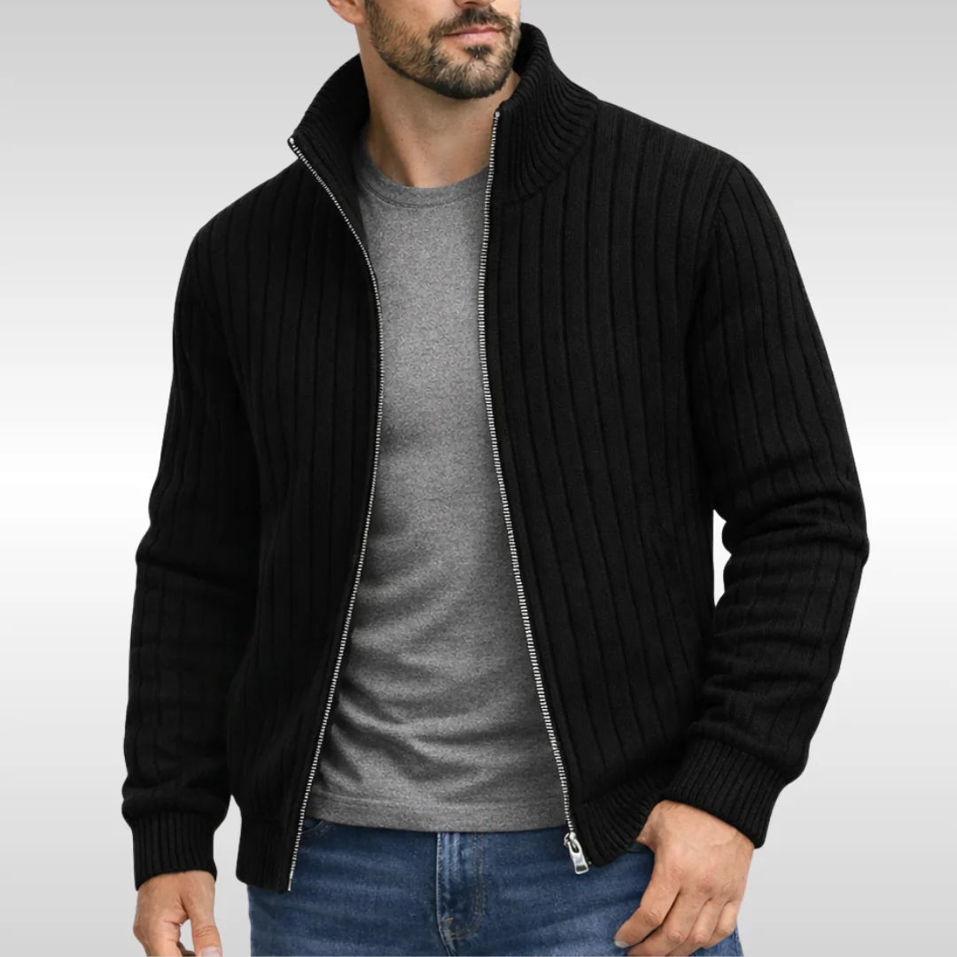 Men's zip-up cardigan styled with black tee and jeans for casual layering