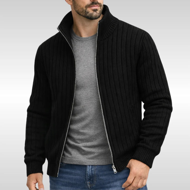 Men's zip-up cardigan styled with black tee and jeans for casual layering