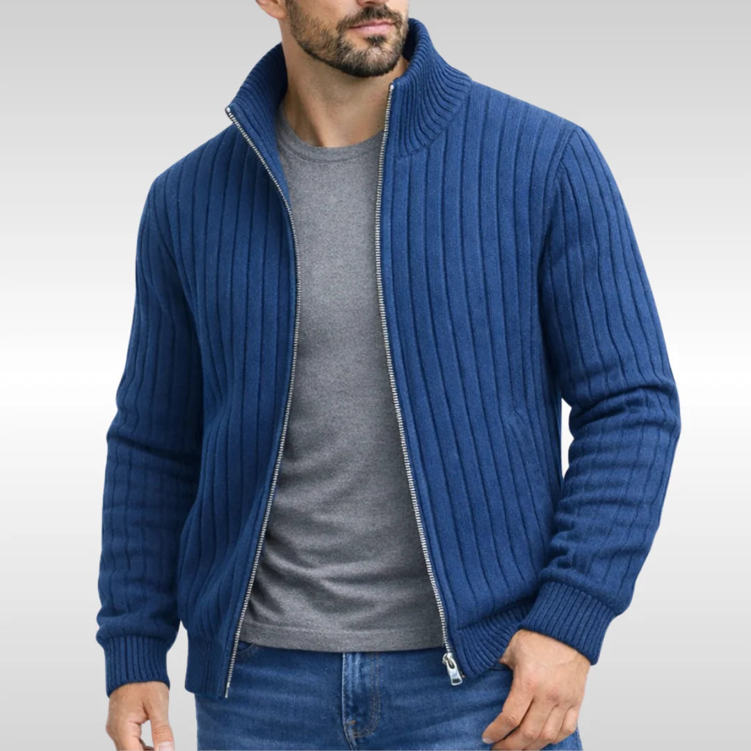 Detail of stand collar and zip closure on men's ribbed knit cardigan