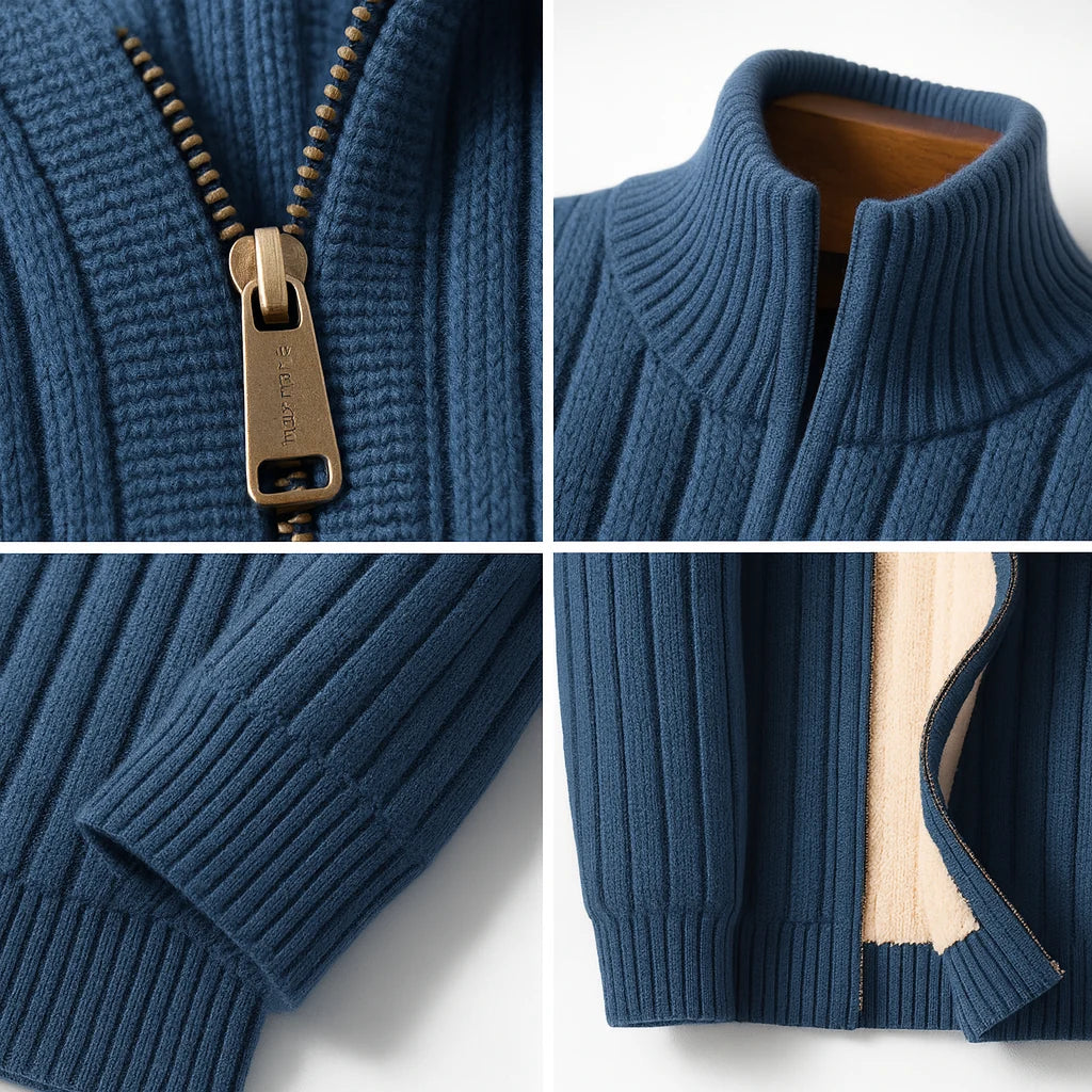 Full-length view of men's grey ribbed cardigan with ribbed hem and cuffs