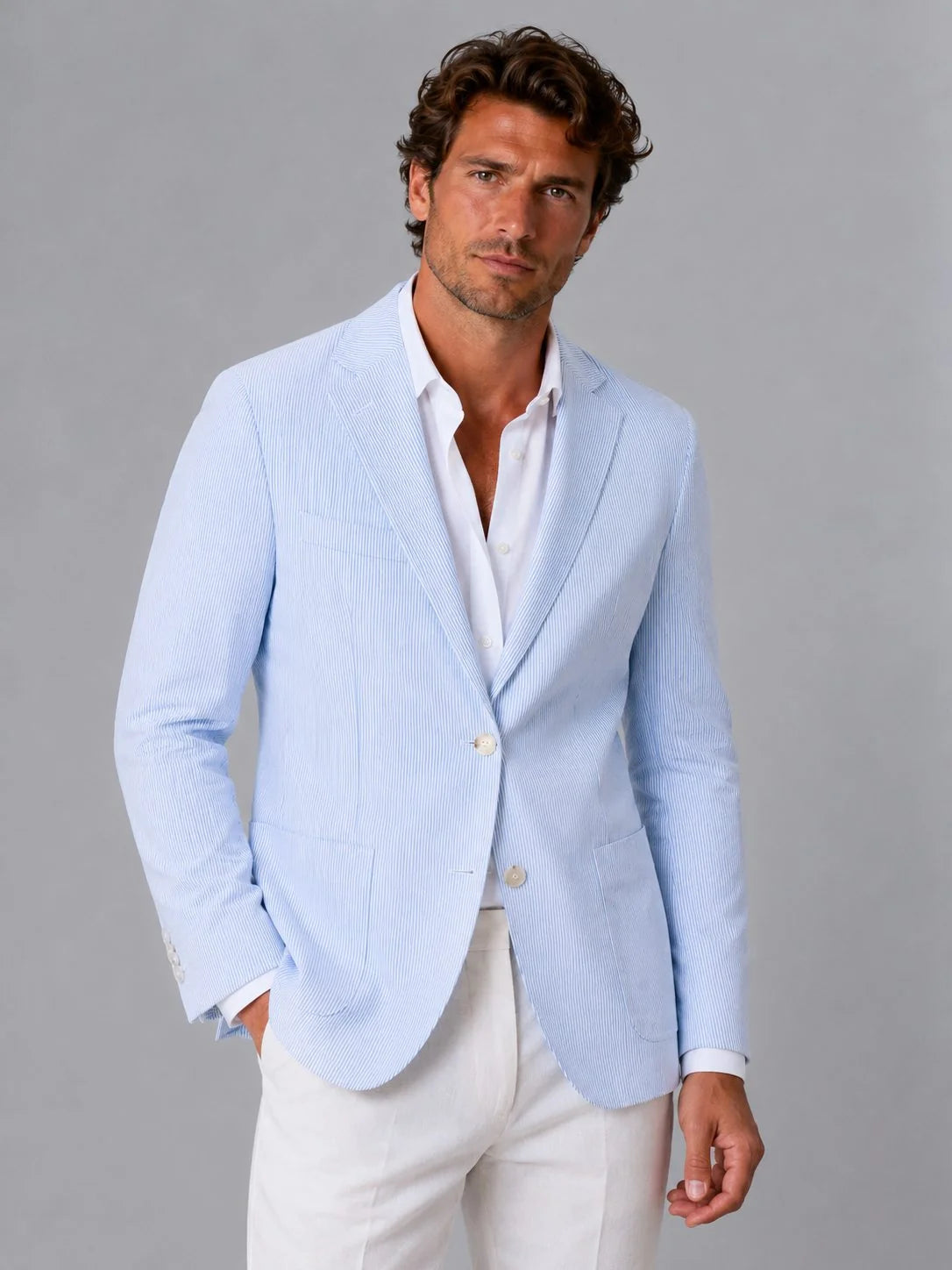 Men's seersucker blazer with textured stripe weave and notch lapel in light blue