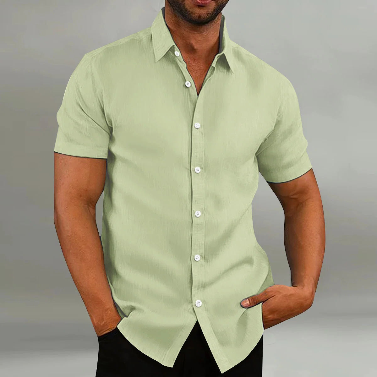 Full-length view of men's short sleeve shirt with tailored silhouette and classic collar