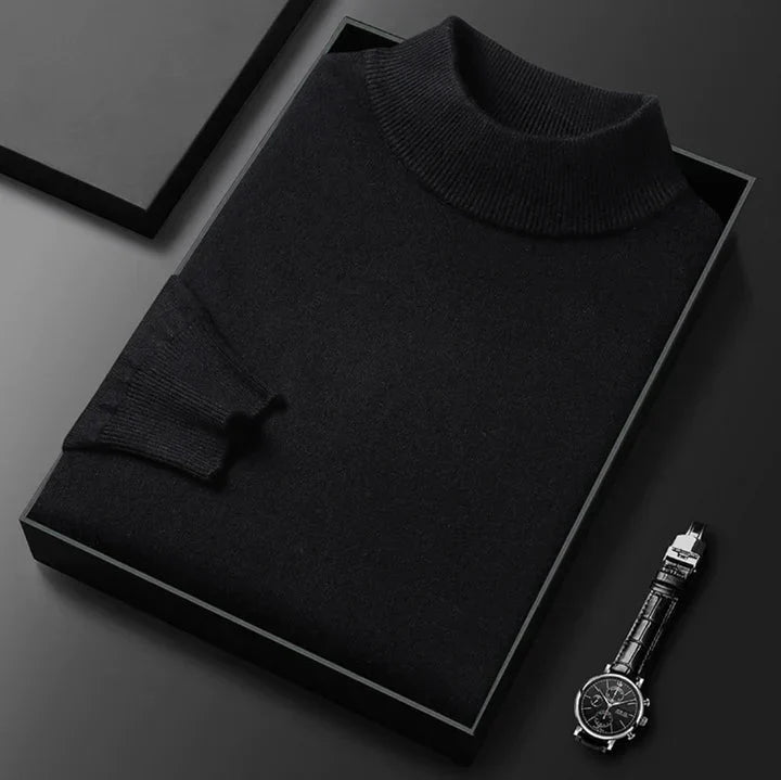 Men's turtleneck jumper in grey showing structured knit fabric and classic fit