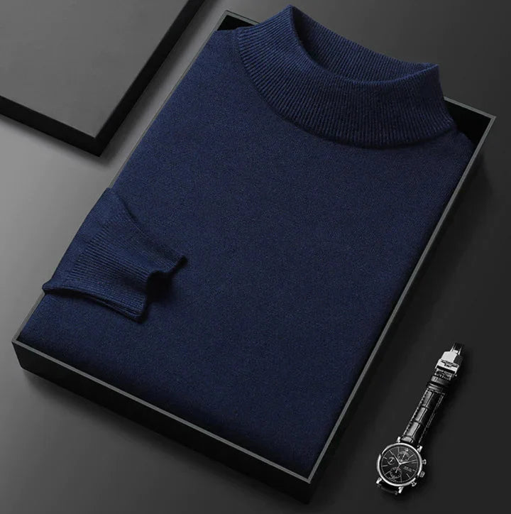 Close-up of men's turtleneck jumper ribbed collar and smooth knit texture