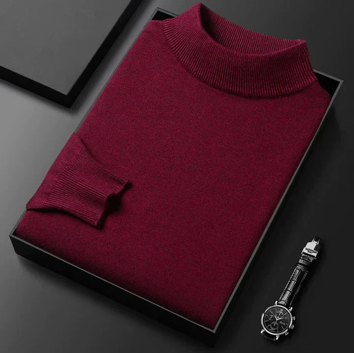 Classic men's turtleneck jumper folded to show knit construction and collar