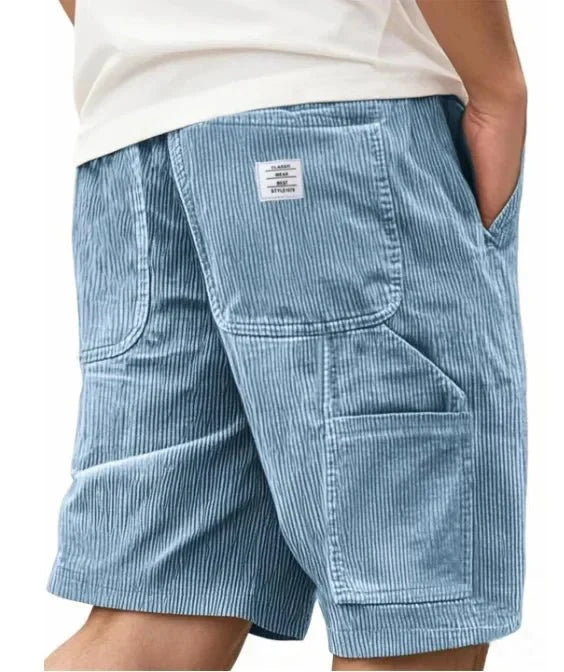 Men's straight cut corduroy cargo shorts with knee-length hem and cargo pockets