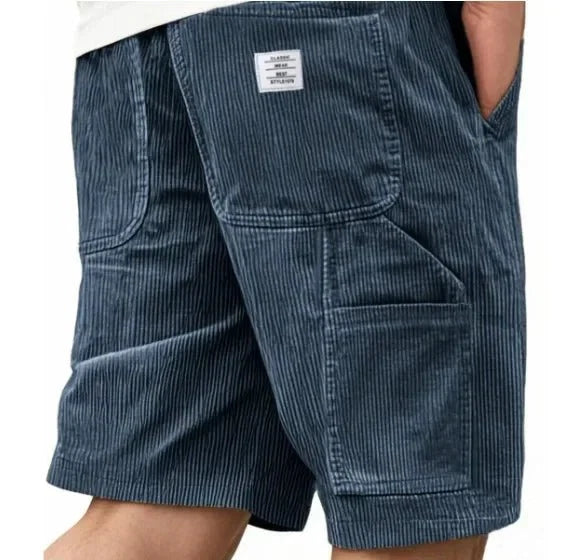 Men's straight cut corduroy cargo shorts with knee-length hem and structured silhouette