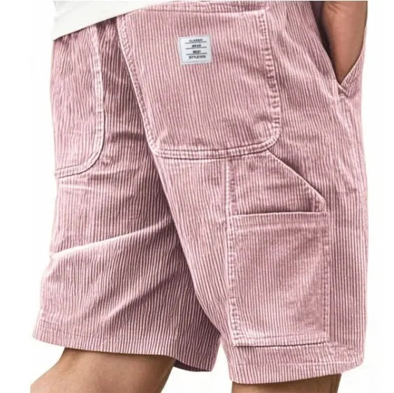 Men's corduroy cargo shorts in olive green with visible ribbed texture and clean lines
