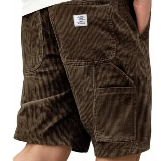 Detail of cargo pocket on men's corduroy shorts with ribbed corduroy fabric