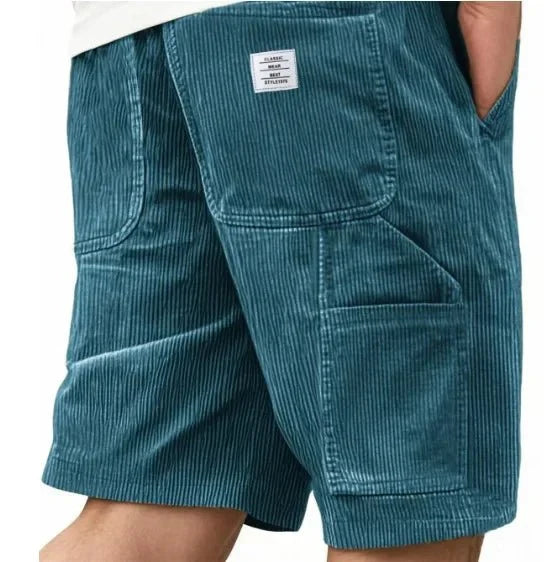 Men's corduroy cargo shorts showing straight cut silhouette and functional pocket design