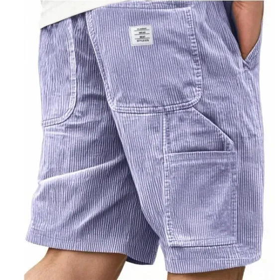Front view of men's corduroy cargo shorts with ribbed texture and cargo pockets