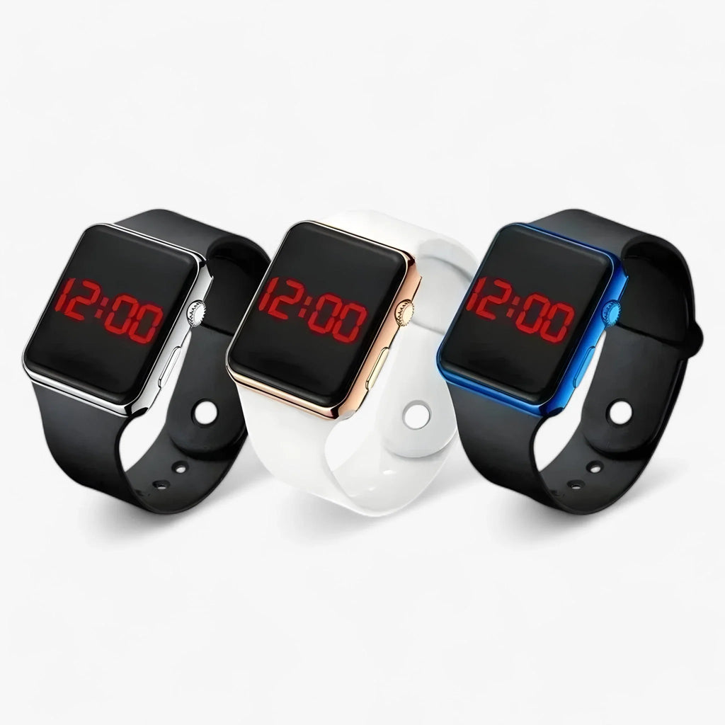 Men's digital LED watch with square display and silicone strap in silver, rose gold and blue finishes